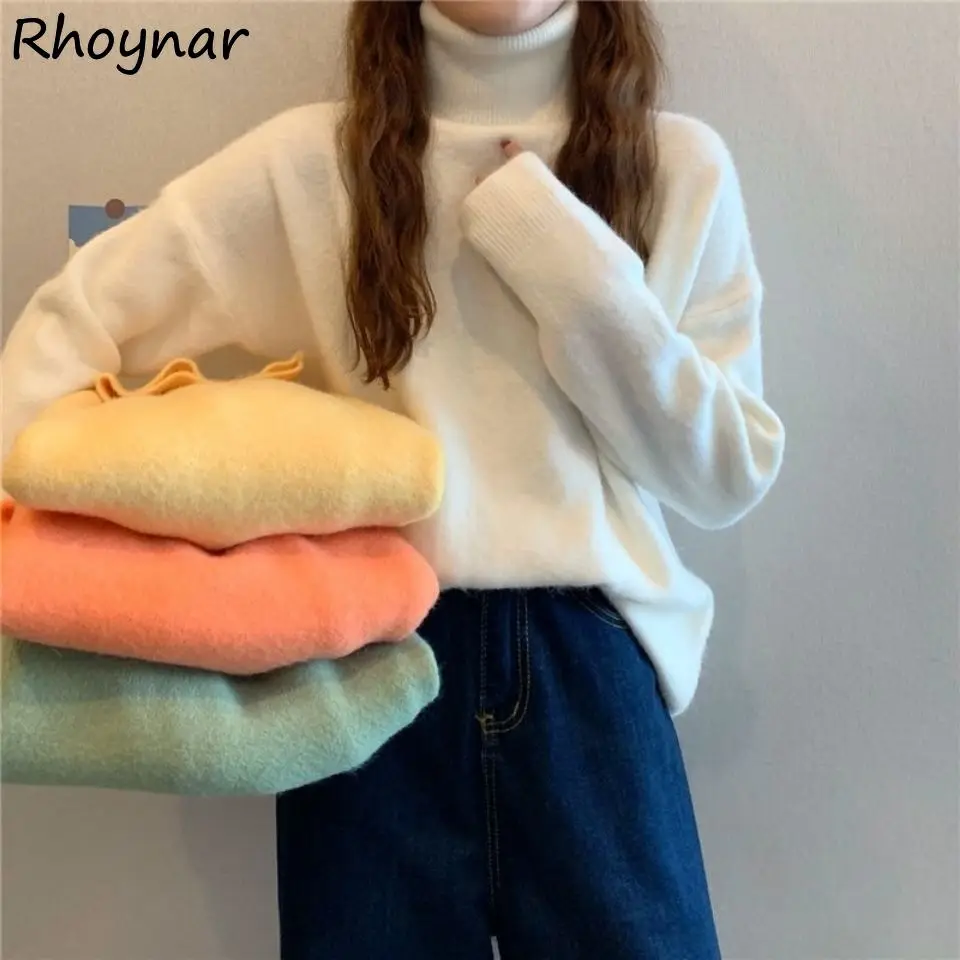 

Turtleneck Sweater Women Autumn Winter Thicker Loose Lazy Solid Long Sleeve Tender Vintage Inside Warm All-match Preppy Girls