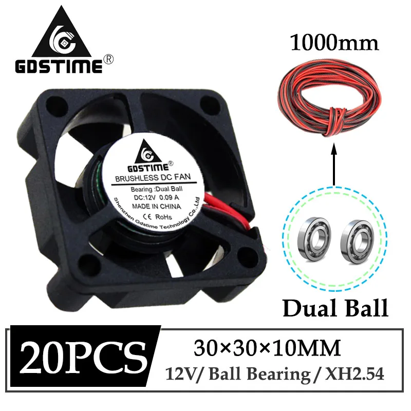 

20Pcs/Lot Gdstime DC 12V 30x30x10mm 30mm Dual Ball Brushless Axial 1M Cable Micro Cooling Fan 3010B 3cm Mini 3D Printer Cooler