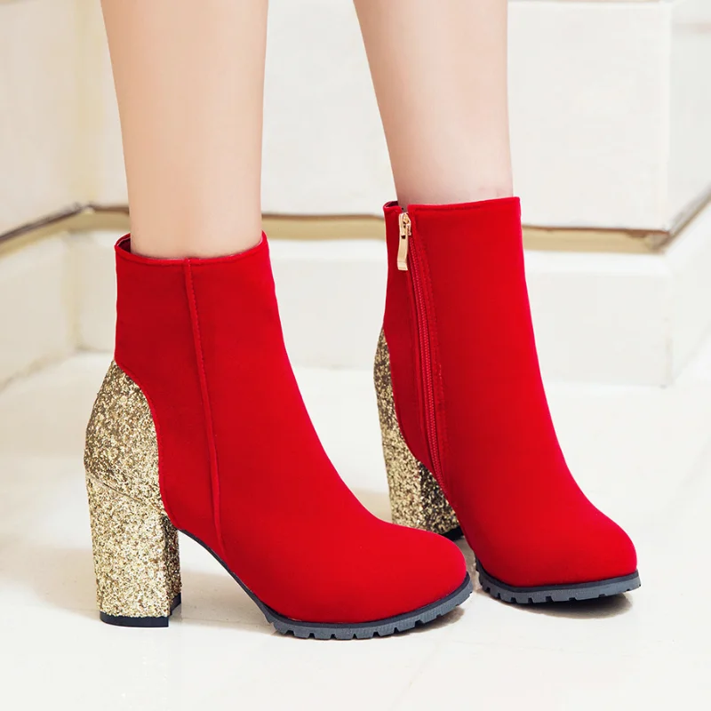 Winter Women Ankle Boots Chunky Heel Sequins Fashion Boots for Women Large Size Winter botas de mujer Pumps Ladies Shoes WSH4152