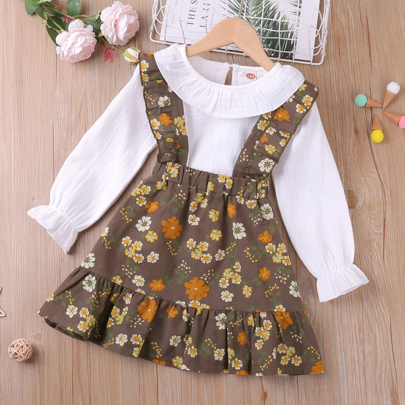 

2022 New Spring Autumn Girl Set White T-Shirt+Strap Skirt 2Pcs Kid Clothes Girl Children Dress Young Children