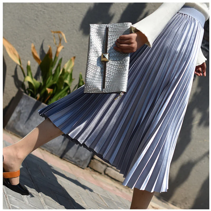 Women's Metal Color Pleated Midi Skirt Female Korean Japanese Casual High Waist Skirts Chic Saias 11 Colors 2024 Spring SK296