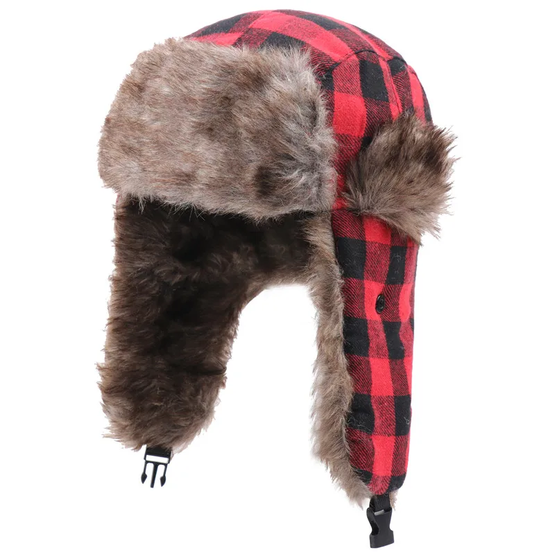 CAMOLAND Plaid Pattern Bomber Hats For Women Men Winter Thermal Fleece Earflap Caps Russia Ushanka Hat Male Snow Ski Caps