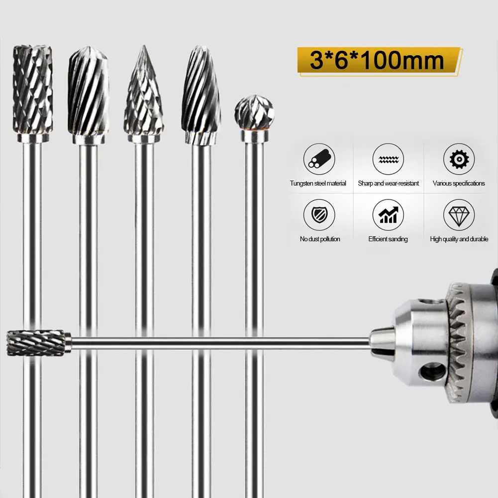 

10cm Carbide Rotary File 10 Kinds of Tungsten Steel Carbide Drill Bit Electric Milling Cutter Grinding Head Single/Double Slot