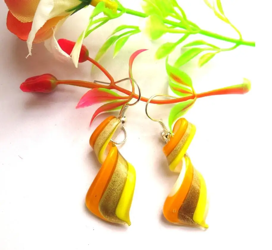 Handmade Murano Glass Earrings Women Three Mixed Color Ribbon Art Gold Foil Earrings Glass Jewelry Thanksgiving Girl Gift E04