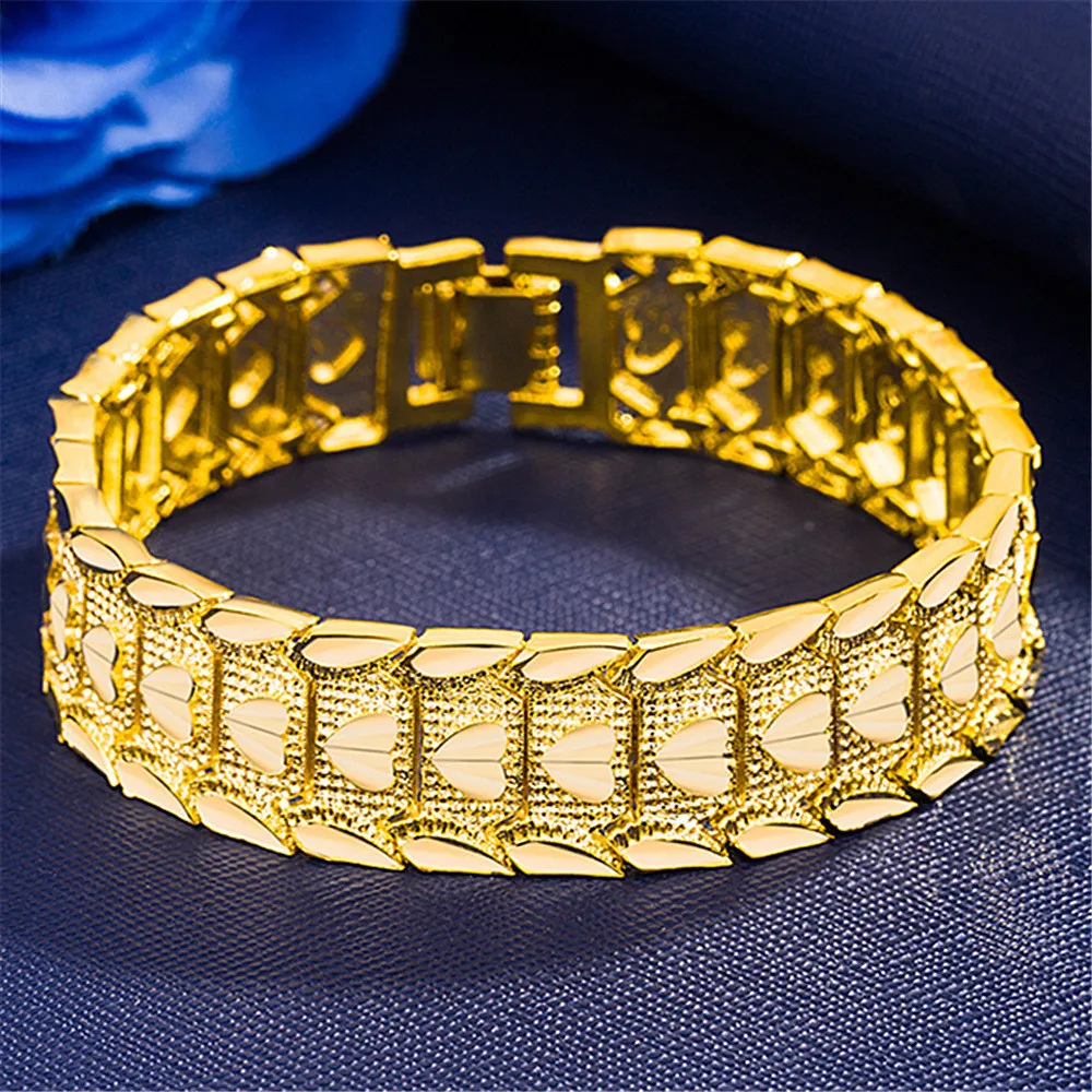 24k Gold Color Not Fade Chain Bangle Bracelets for Men Women Couples Trendy Watchband Jewelry Party Accessories Birthday Gifts