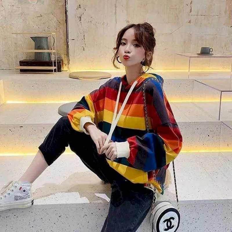 Womens Hoodies Rainbow Striped Long-sleeved T-shirt Spring Autumn New Loose Thin Casual Oversized Hooded Sweatshirt Women Tops