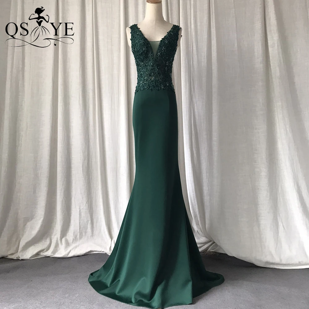 Vestido de fiesta de encaje verde esmeralda, cristales de cuentas, sirena, vestido de noche para mujer, apliques largos, vestido Formal con cuello en V, espalda abierta