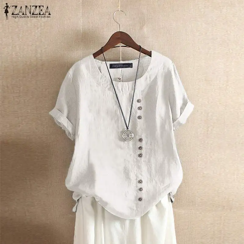 ZANZEA Women Summer O Neck Short Sleeve Cotton Linen Shirt Casual Blouse Loose Buttons Tops Femininas Blusas Work Top Chemise