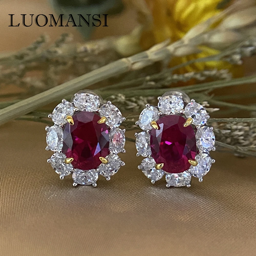 

Luomansi New S925 Sterling Silver Retro Full Diamond Natural Ruby Earrings Wedding Engagement High Jewelry Accessories