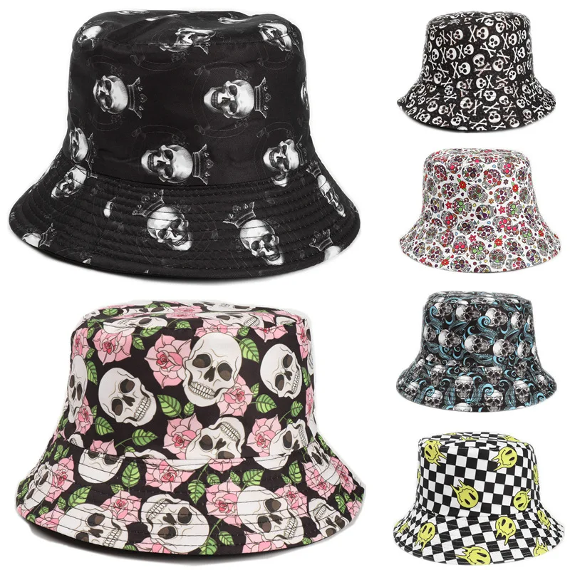 

Unisex Cotton Printing Bucket Hat Skull Head Rose Flowers Fishing Caps For Women Men Outdoor Visor Fisherman Hats Hip Hop Gorras