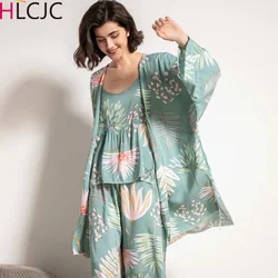 Spring Autumn Women Cotton Pajamas Set Flower Print Summer Thin Pyjama Femme Long Robe+Pants+Vest 3 Piece/Set Sleepwear Pijama