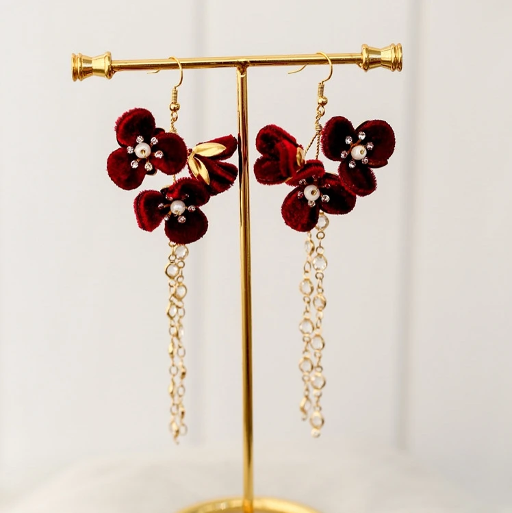 Handmade Burgundy Flower Bridal Drop Earrings Wedding Accessories Pearls Crystal Women Earring Jewelry