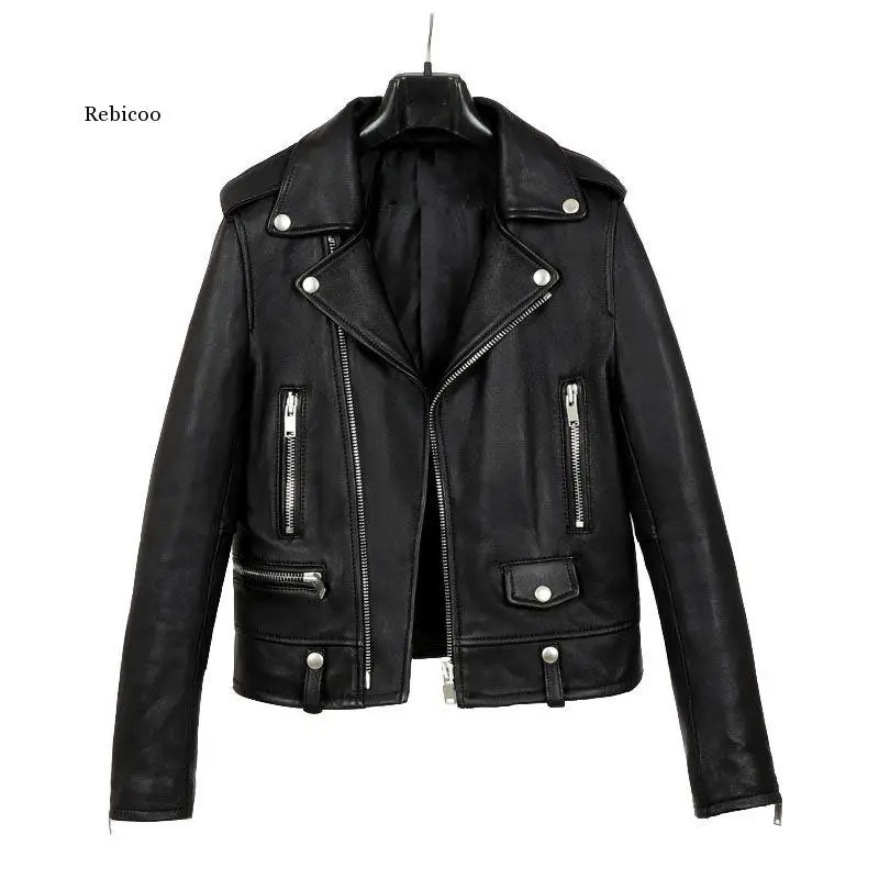 Chaqueta de cuero sintético para mujer, abrigo corto con cremallera, estilo Bomber Punk negro, prendas de vestir de piel sintética para otoño