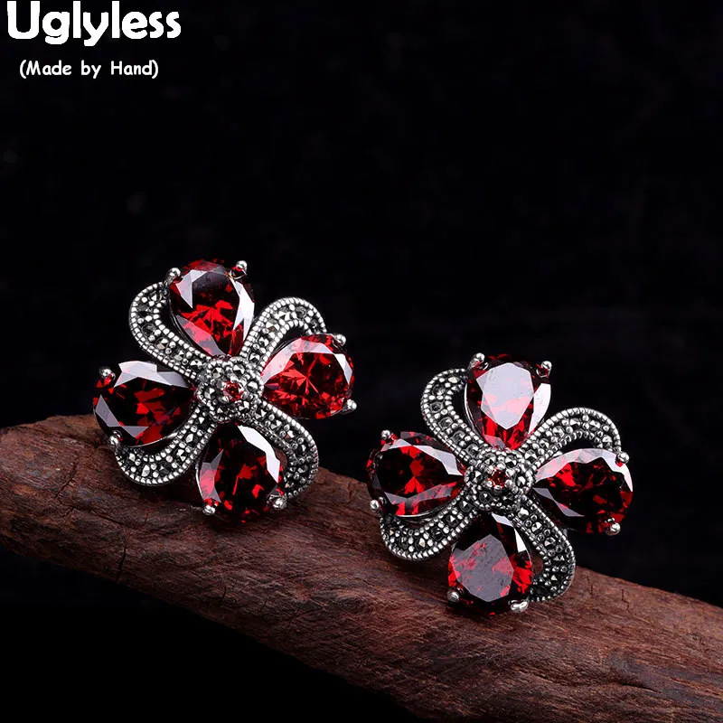 

Uglyless Garnet Clover Stud Earrings for Women Thai Silver Ethnic Floral Studs Real 925 Silver Marcasite Brincos Bijoux E1451