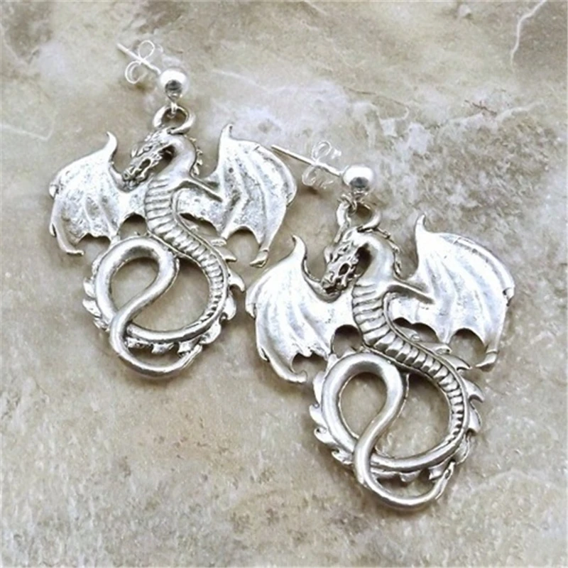 1 Pairs of Dragon Earrings Antique Silver Color 4mm Ball Post Stud Earrings, Gothic Earrings , Dragon Stud Earrings