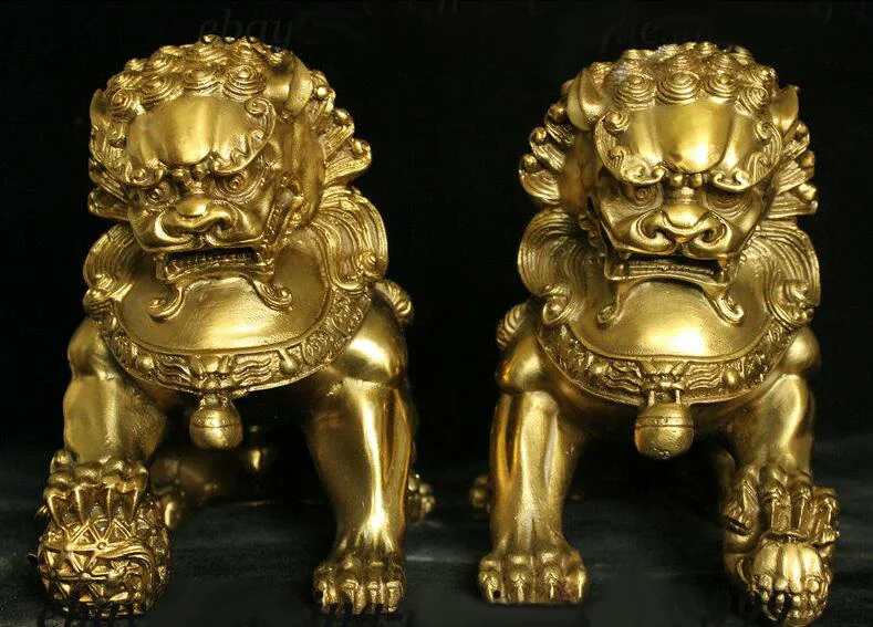 Chinese Brass Copper Fengshui Wealth Animal Foo Fu Dog Guardion Lion Statue