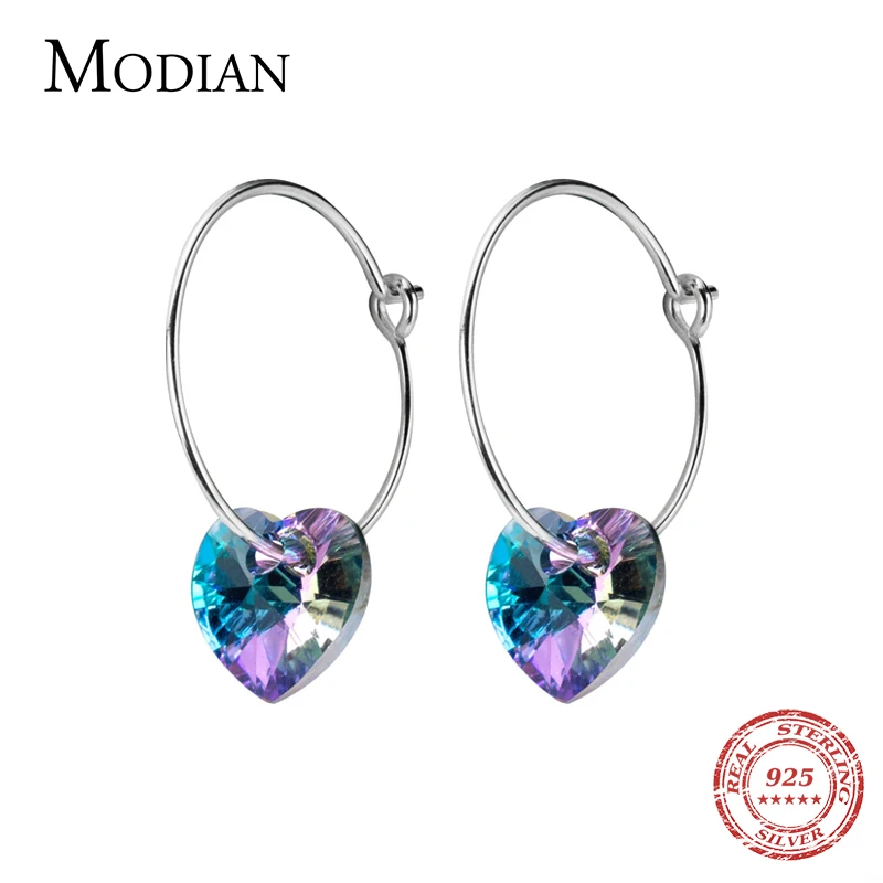 Modian Sparkling Blue Crystal Swing Hoop Earrings For Women Classic Heart 925 Sterling Silver Luxury Jewelry Female Accessories