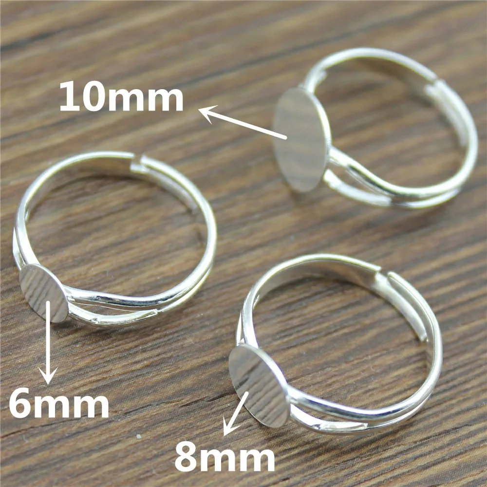 WYSIWYG 10pcs 6/8/10mm Flat Shiny Silver Color Copper Material Y-Style Adjustable Ring Settings Base