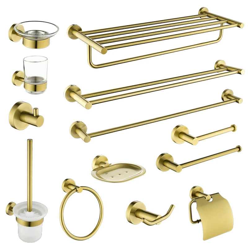 Gold Brushed Bathroom Hardware Set Wall Mount Toilet Brush Paper Holder Towel Holder Rack Kitchen Organizer Bathroom Accessories