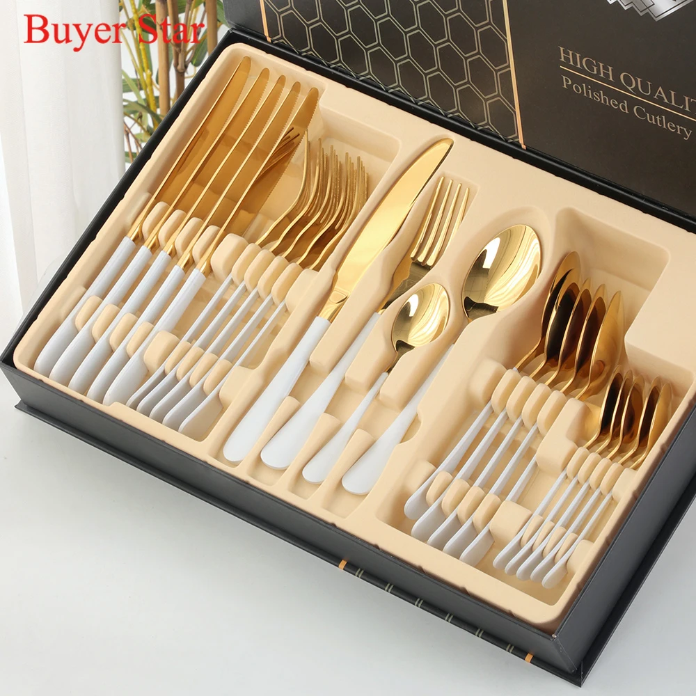 

24PCS Stainless Steel Rainbow Tableware Cutlery Set Dishes Dinnerware Set Knives Forks Spoons Western Kitchen Hotel Gift Box