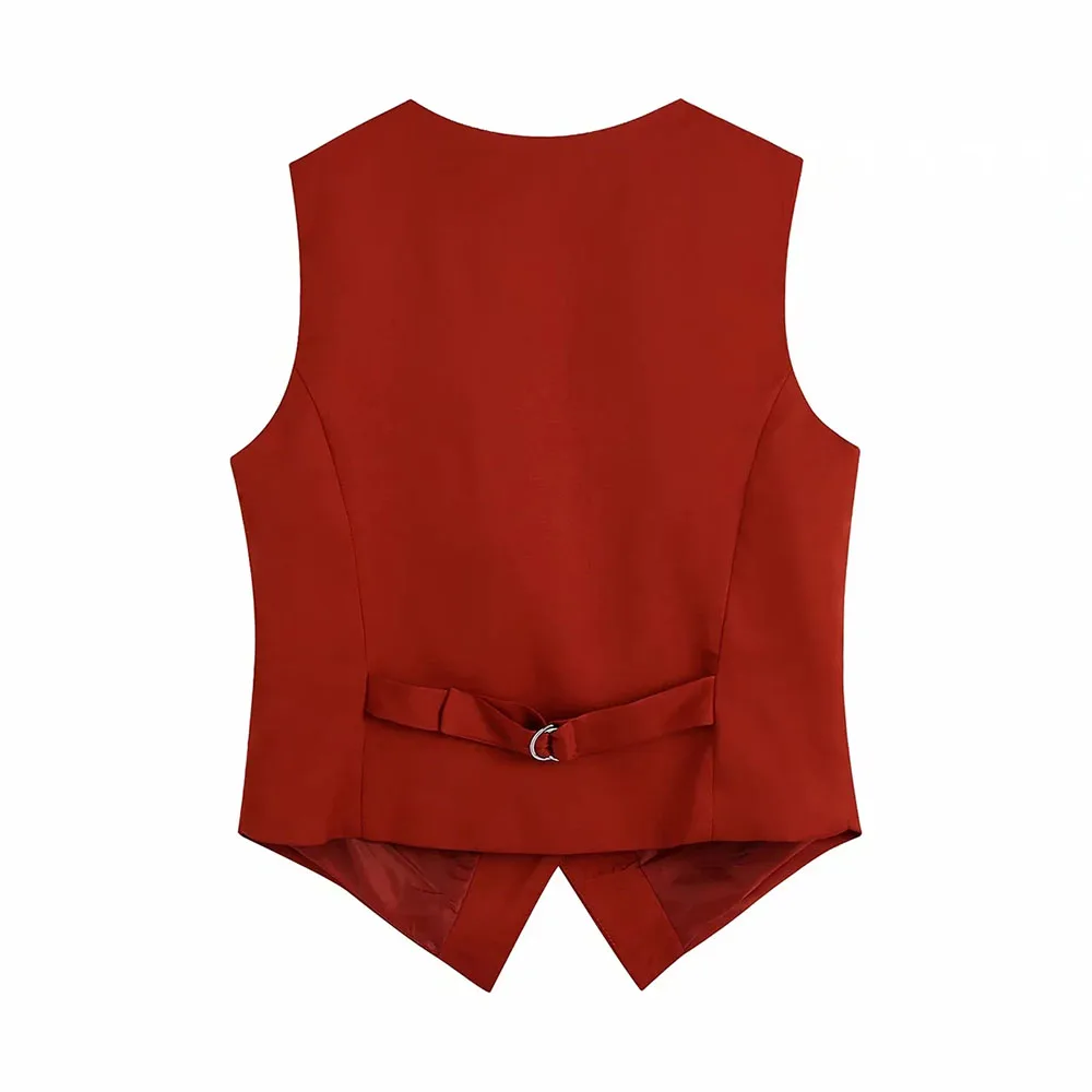 XEASY 2021 Women Elegant Red Streetwear Sleeveless Short Vest Female Vintage Slim V-Neck Single-breasted Casual Waistcoat