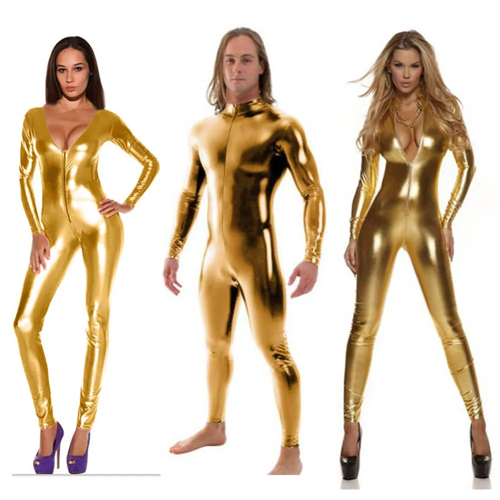 Customเป้าซิปเงาไลคร่าSpandexเงาสีม่วงผู้หญิงUnitard Catsuits Metallicเท้าZipper Zentai Bodysuit