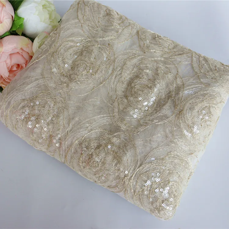 Rose Flower Sequin Embroidery 3D Lace Fabric, Wedding Dress, Dress Sewing Accessories, RS3091