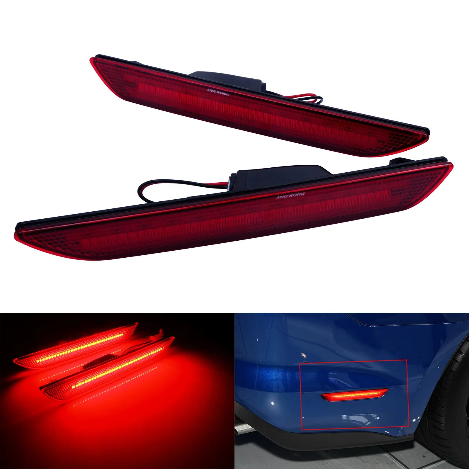

ANGRONG 2x Red lens LED Side Marker Bumper Reflector Tail Brake Light For Ford Mustang 2015+