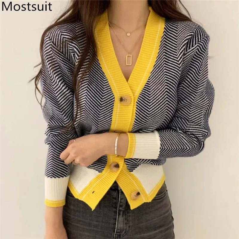 V-neck Single-breasted Korean Cardigan Sweater Women 2024 Autumn Winter Color-blocked Long Sleeve Fashion Elegant Ladies Tops