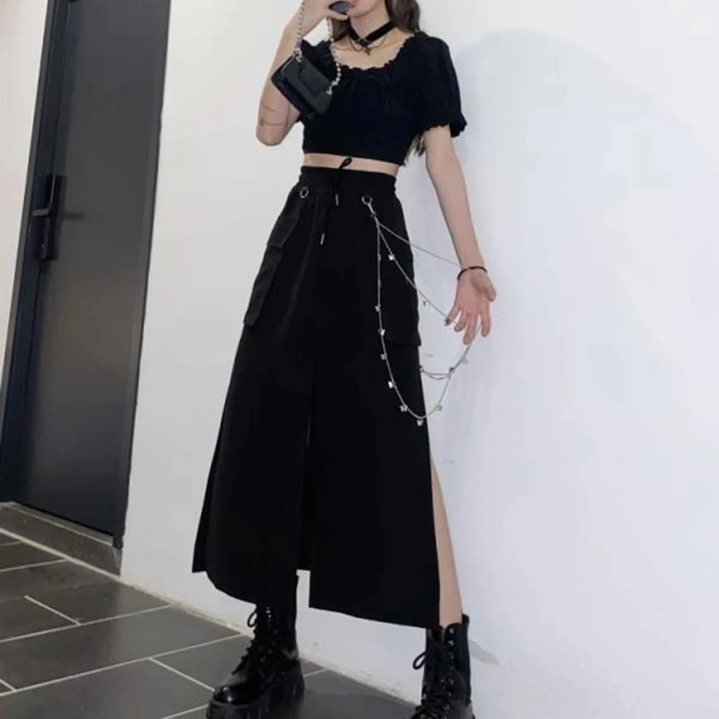 Midi Long Skirts Womens Gothic Lolita Summer Fashion High Waist Split Pocket Skirts Harajuku Black Streetwear Vintage 2021