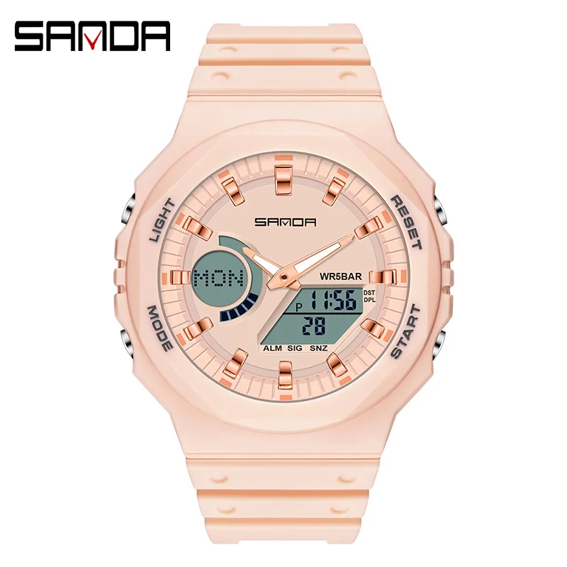 Waterproof Sports Watches For Men Women Fashion Octagonal Outline Electronic Wristwatch Acrylic Mirror Dual Display Daily Clock