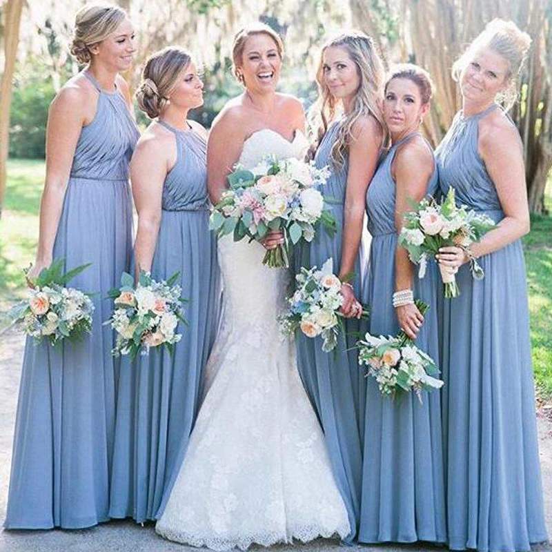 Dusty Blue Chiffon Chiffon Bridesmaids Dress New O-Neck Halter Pleats Ruched Formal Maid Of Honor Dress Vestido De Novia Custom