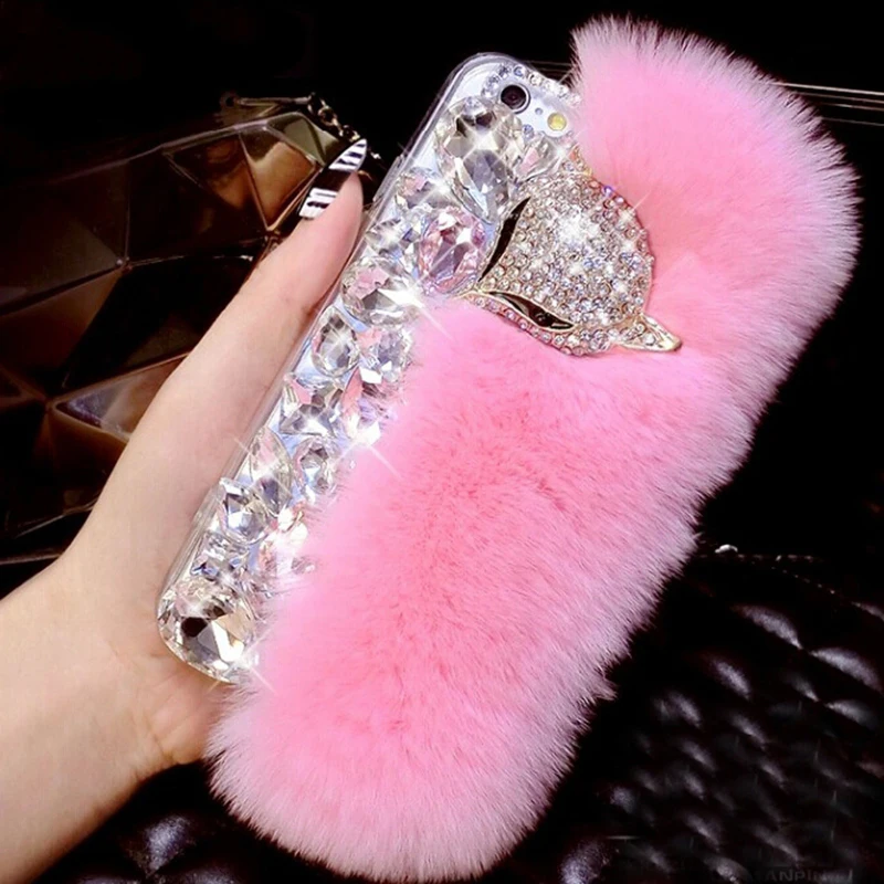 

Luxury Fancy Diamond Crystal Stones Fox Fur Phone Case For Samsung S8 S9 S10 S20 S30 Plus A11 A50 A21 A51 A42 A52 A72 Back Cover