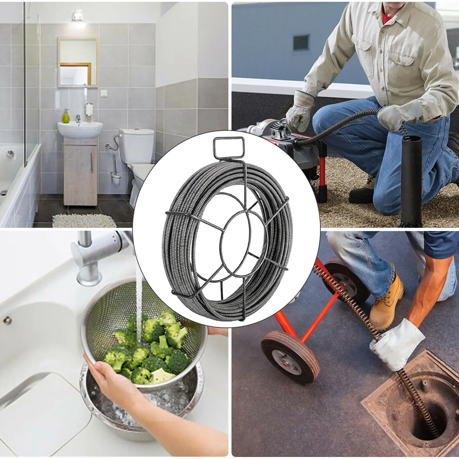 VEVOR Molla per la Pulizia dello Scarico Professionale15-30 m 3/8- 1/2 Pollici Cavo di Pulizia per Drenaggio Coclea Adatto per Toilette Intasata, Lavandino e Scarico a Pavimento a Casa