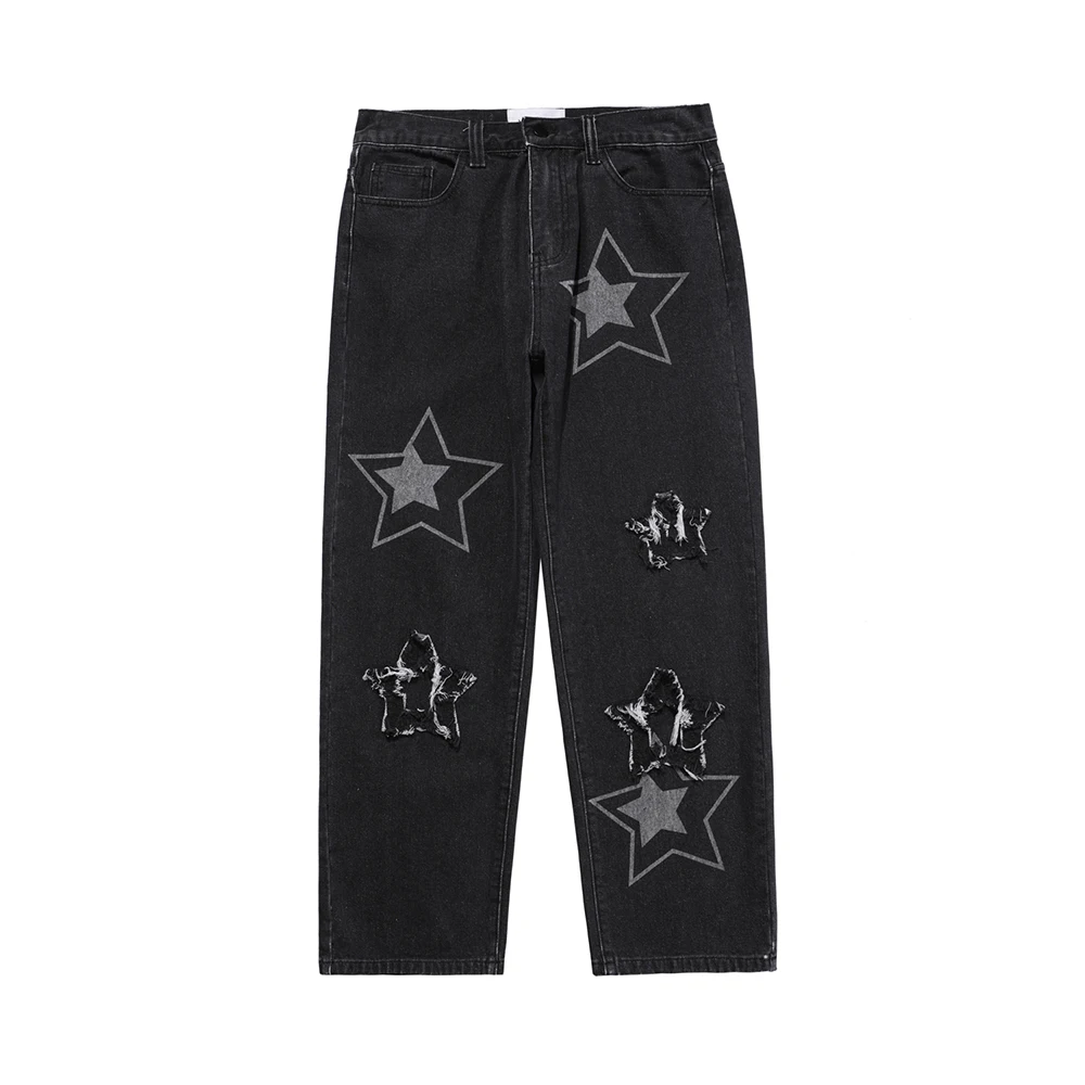 Hip Hop Wide Leg Ripped Jeans Streetwear Men Women Black Jean Frayed Star Baggy Pants Y2k Pantalones De Hombre Loose Cargo Pants