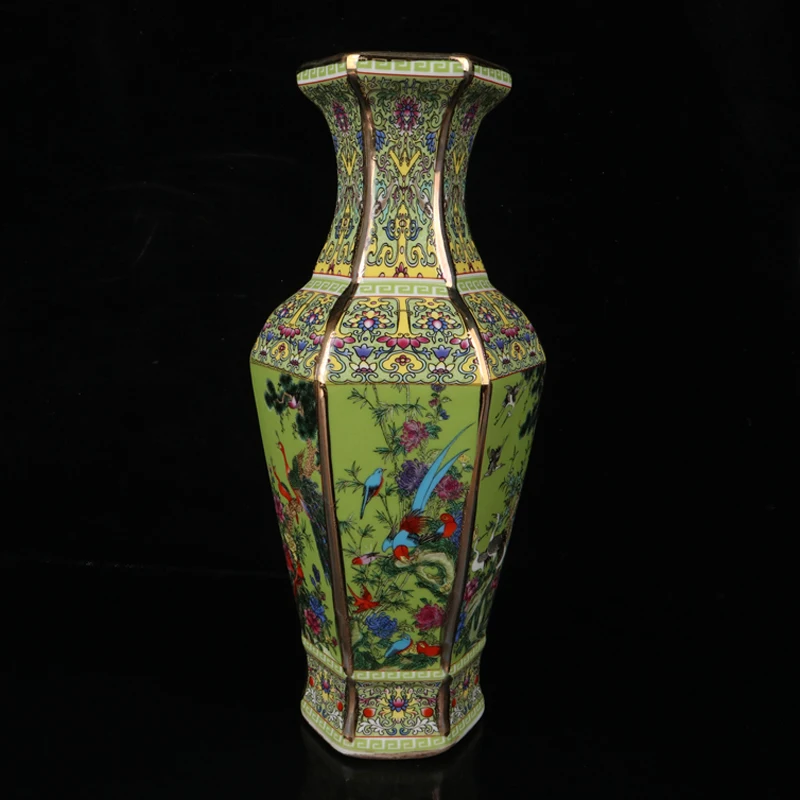Exquisite Chinese Archaize Colored Enamel Decorative Auspicious Flowers and Birds Six Sides Porcelain Vase