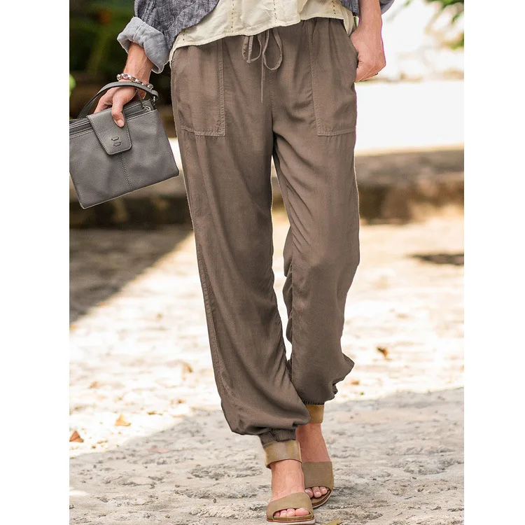 

Summer Casual Pants Women Solid Cargo Pants Drawstring Elastic Waist England Styless Loose Pants Fashion Women Clothing