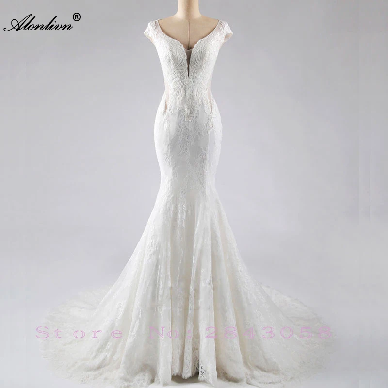 Alonlivn Customize Deep V-Neck Mermaid Wedding Dresses Luxury Unique Lace Appliques Illusion Back With Button Bridal Gowns