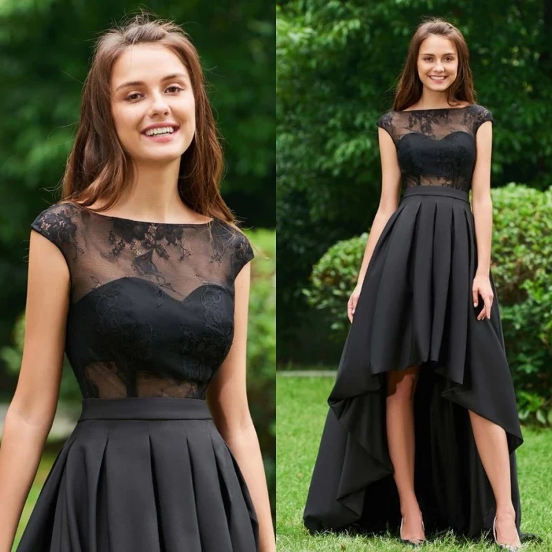 

Hot Sale Lovely Black Homecoming Dresses High Low Lace Cocktail Gowns Cap Sleeves Party Illusion Neckline 2022 Latest