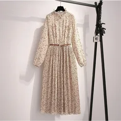 Women Dress Spring Autumn Summer O-Neck Ruffles Long Sleeve Midi Dress Floral Chiffon Pleated Dress Beach vestidos