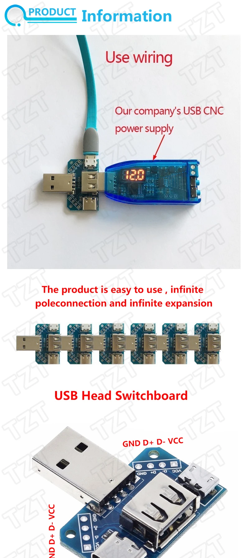 TZT USB-Kopf-Schalttafel-Stecker, USB-Anschluss auf Typ-C-Micro-Buchse, USB 2,54-4P, Übertragungstestplatine, USB-Adapterplatte XY-USB4 – Detail 3
