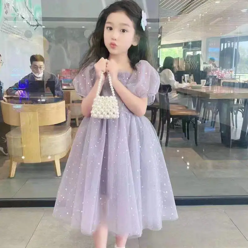 Mesh Baby Dress Summer Girl Star Sequins Birthday Princess Dress Bow Floral Children\'s Voile Puff Dresses 2-12 Years Girl Dress