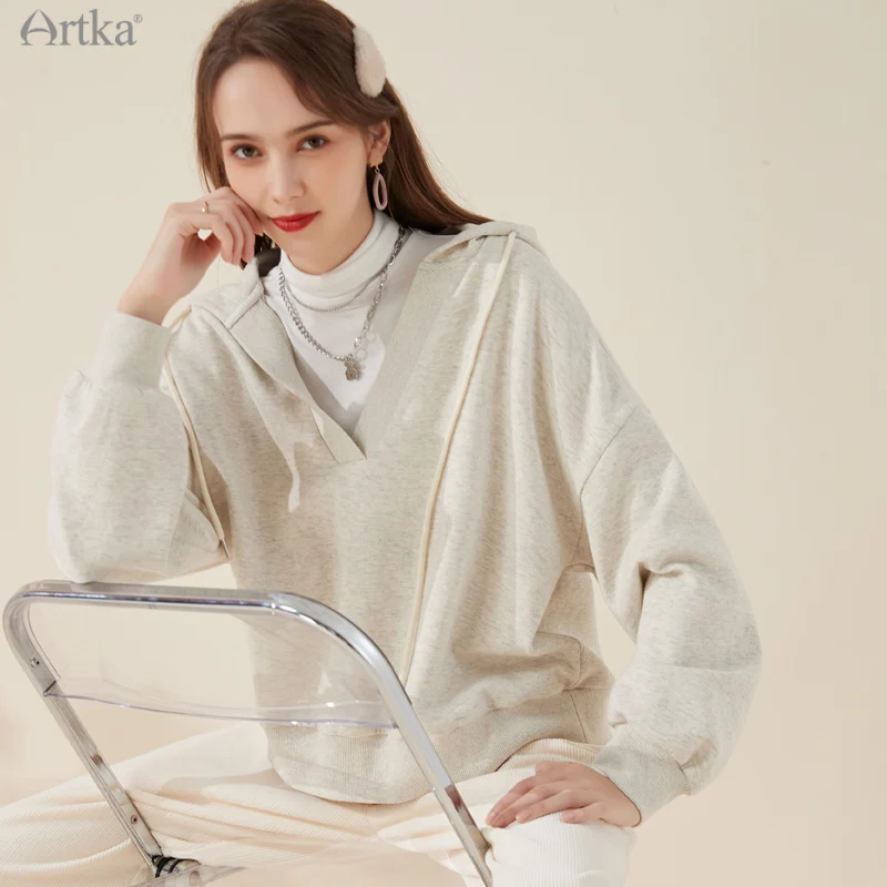 ARTKA 2021 Autumn New Women Hoodies Fashion Casual Pullover V-Neck Hoodies Loose Long Sleeve Gray Hooded Sweatshirt VA20016D