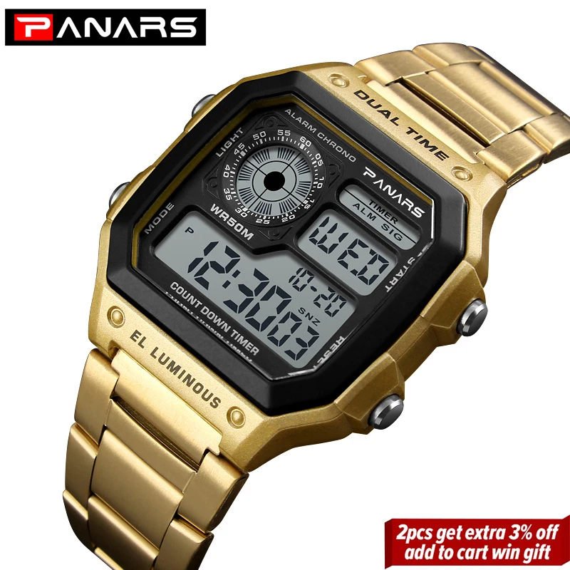 Panars-Homens de luxo eletrônico Digital Watch, Militar Sports relógios de pulso, cronômetro, relógio impermeável, 5Bar, Top Brand