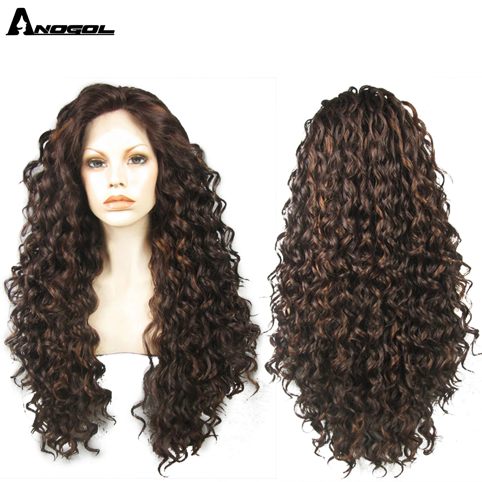 ANOGOL Synthetic Brown Ombre Dark Roots Glueless Lace Front Wig Long Kinky Curly Natural Hair Cosplay Wigs For Women