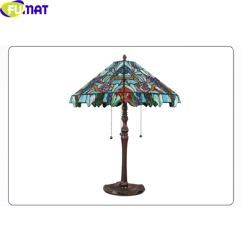 FUMAT Tiffany Style Table Light Grape Stained Glass Shade Lotus Leaf Alloy Frame Big Art Decorative Americal European Desk Lamp