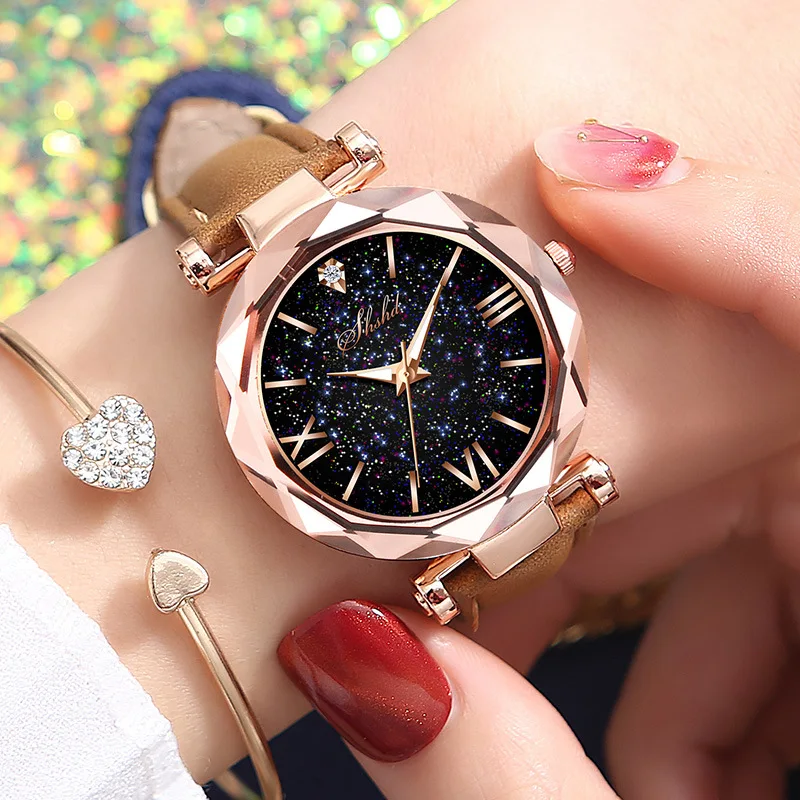 Women Watch Fashion Leather Band Ladies Quartz Wrist Watch Starry Sky Round Dial Roman Number Rhinestone Leather Band Watch Cute