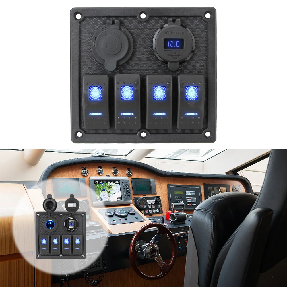 Interior Parts Socket Charger Dual USB Port Circuit Digital Voltmeter 4 Gang Switch Panel For Car Auto Marine 5V 4.8A