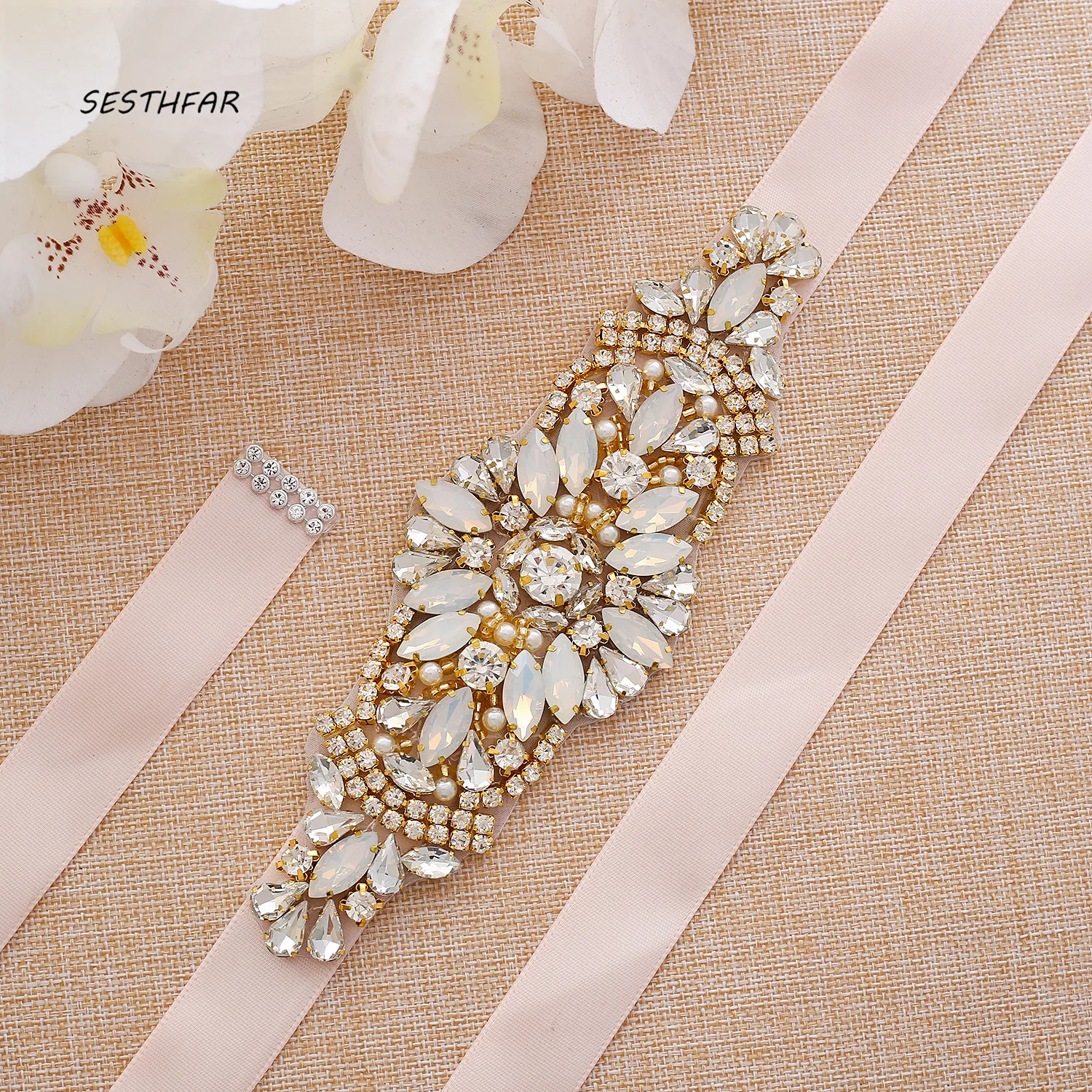 SESTHFAR  Thin Opals Wedding Belt Rhinestone Wedding Sash  Crystal Bridal Belt For Bridal Accessories