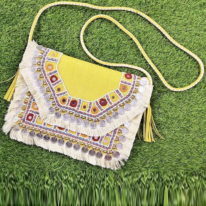 DOYUTIG Fresh Women's Handmade Hobo Clutch Bag Indian Design Yellow Embroidery Shoulder Bag Bohemia Envelope Crossbody Bag F794